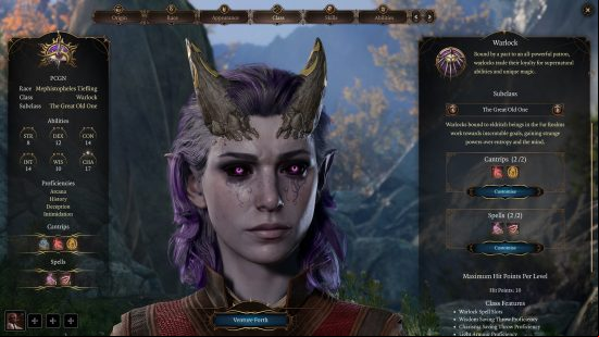 Baldur's Gate 3 Warlock build: a purple skinned female with horns and purple hair.
