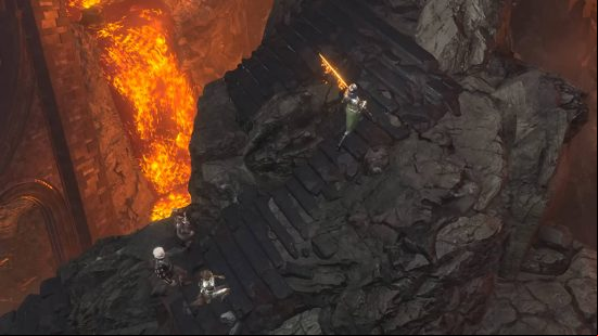 A party of four climbing a steep staircase with lava flowing off the cliffs to the side. The leader is holding onto a flaming spear, which is likely one of the rarest and therefore best Baldur's Gate 3 weapons.
