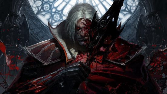 A man with long white hair crosses a huge sword and curved knife across his chest as his fact corrupts on the right and eyes glow red standing in front of a stained 