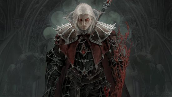 A pale man with white hair and glowing red eyes stands in shadows dressed in red and silver spiked armor with a polearm on his back