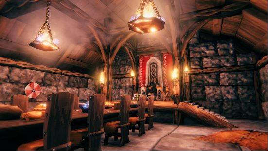 Best valheim servers: a home with a large table, stools, and decadent lighting in the tyrehnheim server