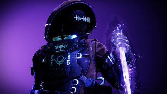 Destiny 2 classes: A Void Hunter holding a Void dagger pointing downwards in their left hand.