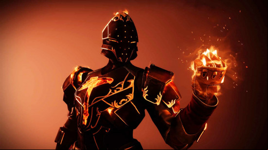 Destiny 2 classes: A Solar Titan with an outstretched flaming left hand.