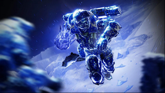 Destiny 2 classes: The Stasis Titan leaping towards a group of enemies while channeling an ice punch.