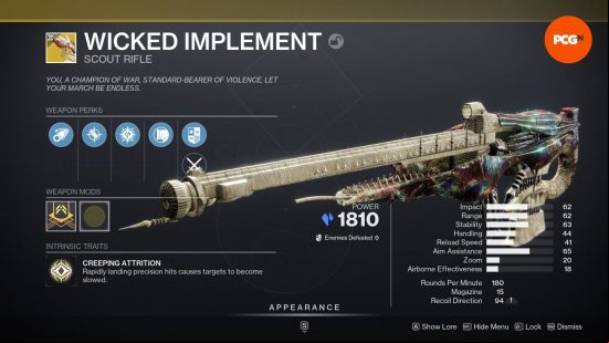 Destiny 2 Wicked Implement rolls with some impressive stats and the scout rifle is a light beige with iridescent details