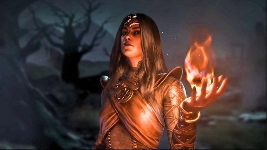 Diablo 4 endgame build: the sorcerer stands with a flame in hand, bathed in orange glow