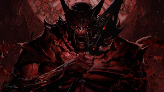 A demonic creature stands in front of a blood red window with a knife and sword crossed over its chest glaring into the camera with red eyes