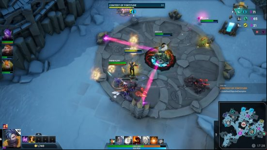 Evercore Heroes release date: a overhead view shows colourful characters battle it out on a stone plynth.