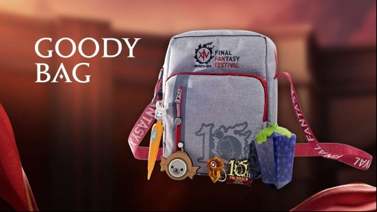 The goody bag on offer at the Final Fantasy XIV Fan Fest in Las Vegas, 2023, including a gray back, grapes, a golden pin, a carrot pen, and a small amber looking FFXIV crystal