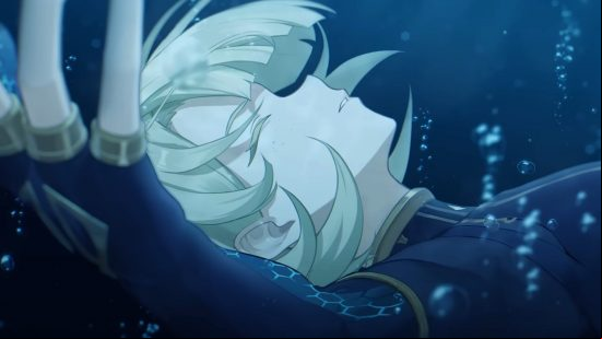 Freminet, the eponymous character on the Genshin Impact Freminet banner, closes his eyes as he sinks beneath the surface of Fontaine's ocean.