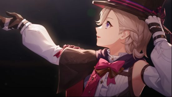 Genshin Impact Lyney banner: Lyney stands on-stage wearing his magician hat and cape, holding his hand out to held Lynette down from a platform.