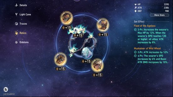 The best Honkai Star Rail Yukong build: a screen with Yukong's best relic set