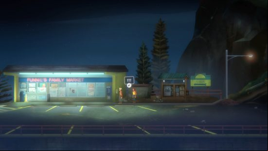 Jacob and RIley stand in the fluorescent glow emanating from Camena's convenience store, near one of the Oxenfree 2 letter locations.