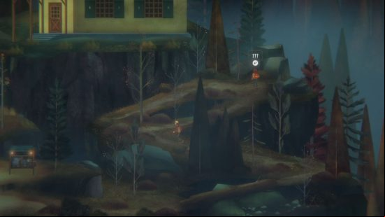 Jacob and Riley approach a cluster of boulders beside a ranger's cabin, near one of the Oxenfree 2 letter locations.