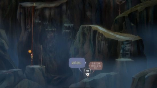 Jacob climbs a rope as Riley pushes on ahead, having traversed a hiking trail including high ledges, near one of the Oxenfree 2 letter locations.