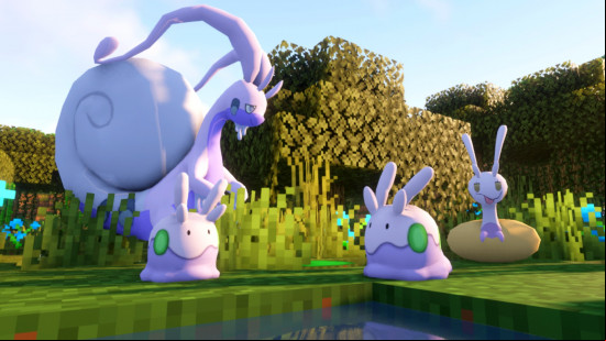 Goomy Pokemon gather in a Minecraft world in the Pixelmon Minecraft mod.
