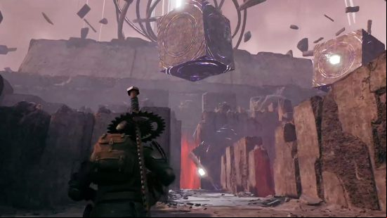 The Labyrinth Sentinel, a gestalt made up of stone cuboid entities covered in carved sigils that are lit with a supernatural, purple glow.