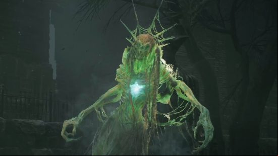 Nightcrawler, a gothic, mummified skeletal woman wrapped in cobwebs and adorned in a spiked crown.