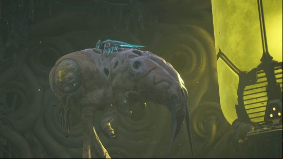 The Primogenitor, one of the Remnant 2 bosses, a small insectoid blue creature that crawls on the back of an enormous flesh grub.