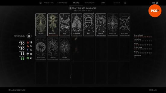Remnant 2 traits as they appear in the menu, represented as tarotesque cards with different values.