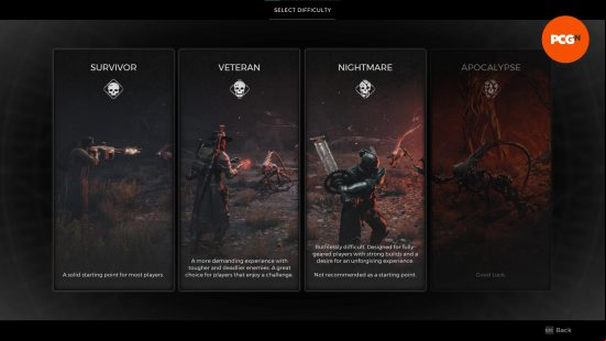 The four different Remnant 2 difficulty levels as seen at the start of the game.
