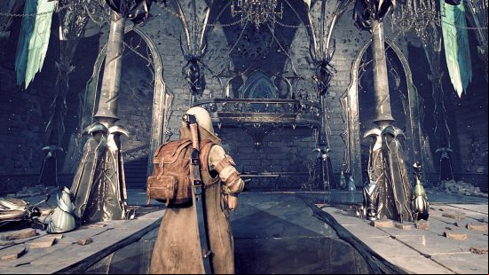Remnant 2 Endgame - a character walks into the glimmering sheen of Nimue's Retreat.