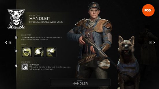 Remnant 2 archetype tier list: a woman with grey eyebrows and a cap stands next to her dog.