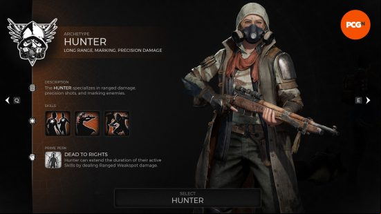 Remnant 2 archetype tier list: a person wearing a long coat, a hood, and a gas mask.