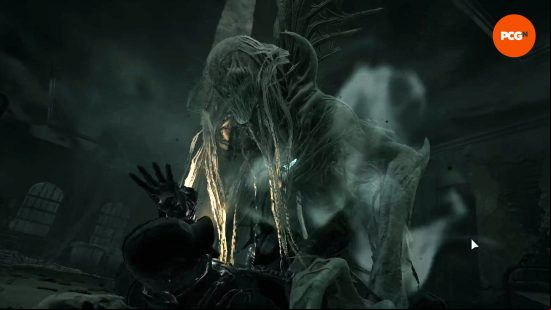 Remnant 2 review: A Traveler is pinned helplessly to the floor as the Nightstalker, a wraith-like skeletal entity, pins them to the floor of a Victorian asylum.