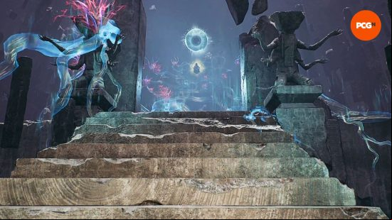 Remnant 2 review: Clementine levitates in a meditative state as an enormous eyeball stares overhead, the both of them situated at the top of a flight of stone stairs flanked by alien statues.