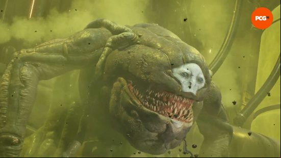 Remnant 2 review: Tal'Ratha, a biomechanical boss with a humanoid face surrounded by rows of shark-like teeth, grins in delight, cloaked in green gas.