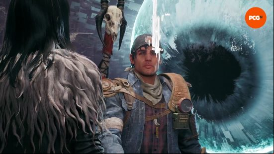Remnant 2 review: The Traveler gazes at a strange glowing segment, flanked on either side by Clementine and an enormous disembodied eyeball.
