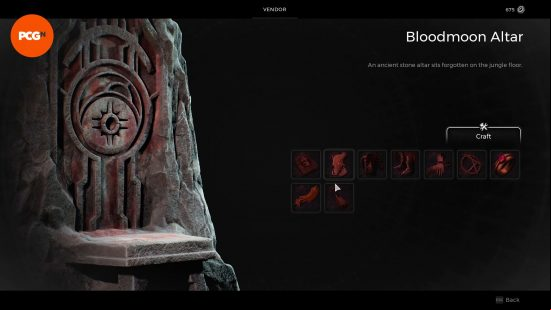 The Bloodmoon Altar's list of purchasable items, including the Faded Grimoire required to become the Remnant 2 Summoner.
