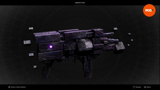 The Cube Gun, one of the best Remnant 2 weapons, characterized by a number of cubes that make up its form, a glowing purple light set into its barrel surrounded by concentric circles.