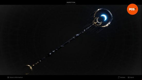 Dreamcatcher, one of the best Remnant 2 weapons, a long staff featuring the eponymous dreamcatcher and a glowing blue crescent moon.
