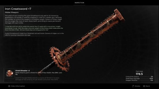 Remnant 2 weapons: The Iron Greatsword, an enormous serrated melee weapon as it apppears in the inventory.