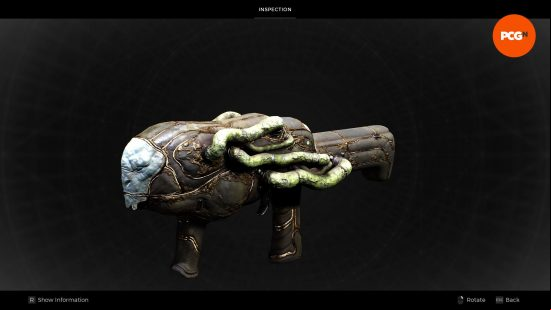 Nebula, one of the best Remnant 2 weapons, featuring the face of Tal'Ratha with organic pipes wrapped around its barrel.