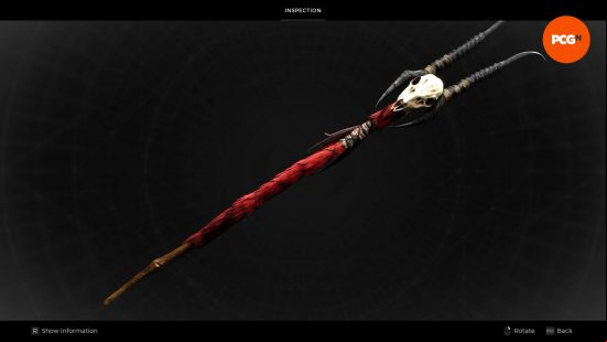 The Red Doe Staff, one of the best Remnant 2 weapons, adorned with a small deer skull with large antlers serving as sharp prongs to gore enemies in melee combat.