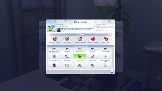 The Sims 4 mods: A screen showing a selection of holidays and activities to choose from in the Social Activities mod.