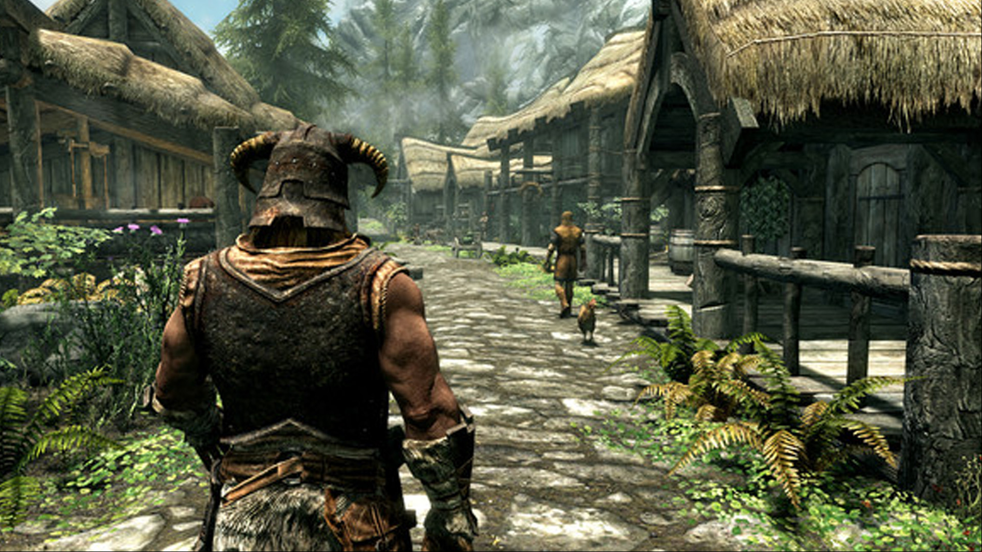 An image of the player character walking in a town in The Elder Scrolls V: Skyrim Special Edition.