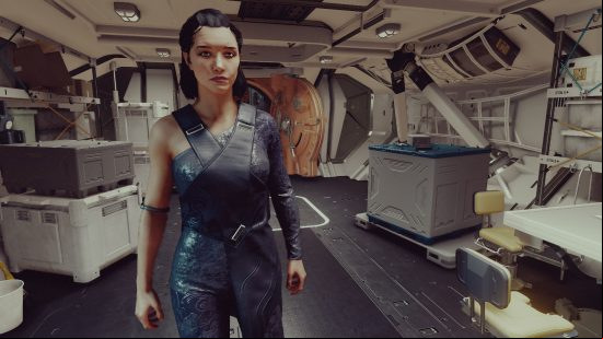 Best games like Fallout: a woman standing in the kitchen on a spaceship.