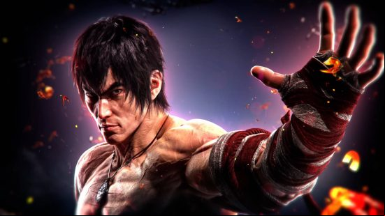 Marshal Law is one of the original characters and now part of the Tekken 8 roster. He has a strapped up hand and is wearing a pendant.