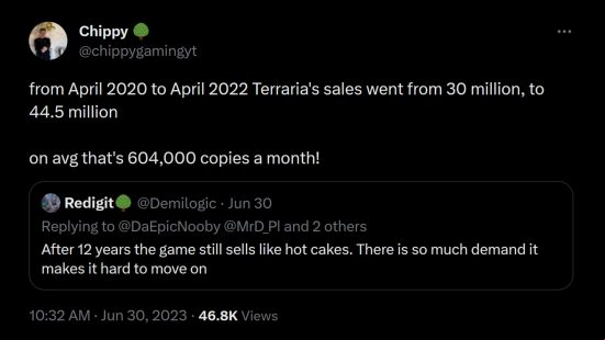 Terraria sales - chippygamingyt posts: "From April 2020 to April 2022, Terraria