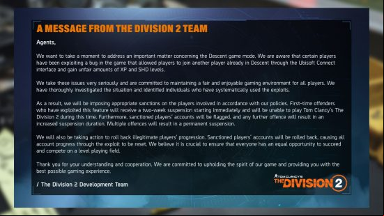 The Division 2 cheaters are getting the ban hammer from Ubisoft