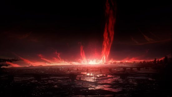 Armored Core 6 story: an explosion glows red over Rubicon