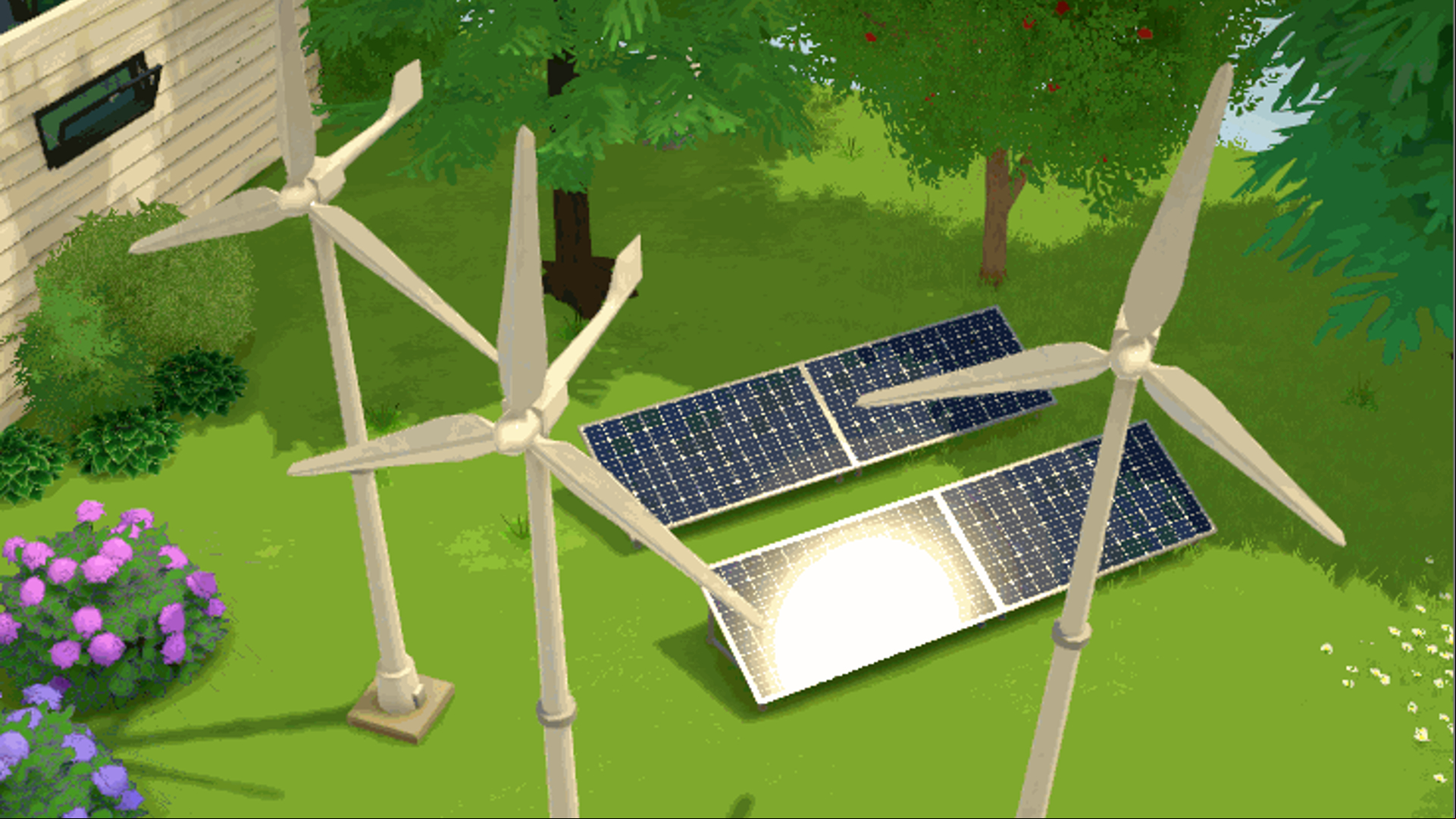 Three windmills beside each other with two solar s behind them