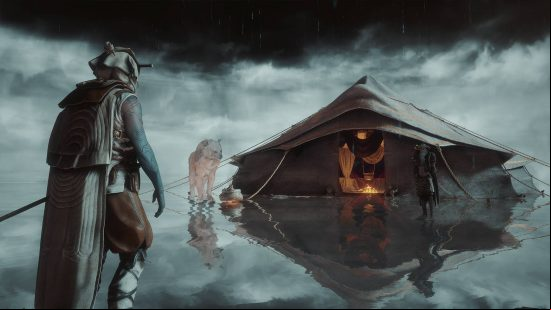 A woman in armor stands in front of a tent with a campfire in it on a water area with a dark sky