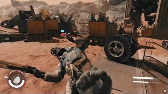 Starfield melee build: a person punches another, causing them to fall back.