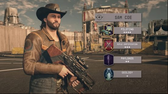 Starfield Sam Coe skills are pictured alongside him with star ratings for each of his important Starfield statistics