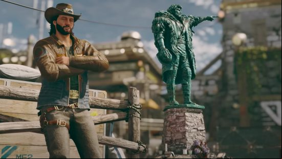 Starfield Sam Coe leans against a post with his arms crossed with a statue of his ascendant Solomon Coe, founder of Akila City, stood beside him